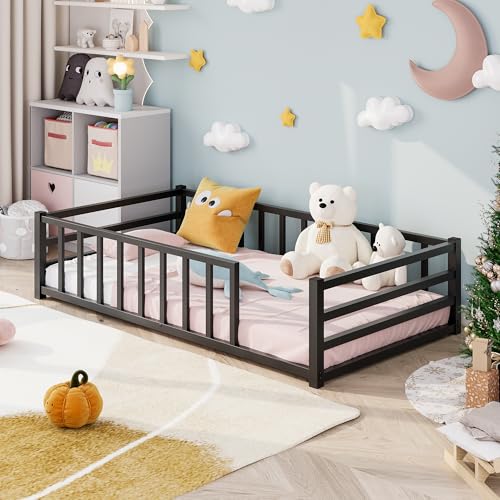 VECOCHO Floor Bed 197×90cm Single Floor Bed Frame with Rails Montessori Floor Bed with Movable Safety Guardrails and Slatted Frame Low Play Bed for Girls Boys Bedroom Furniture Easy Assemble Black