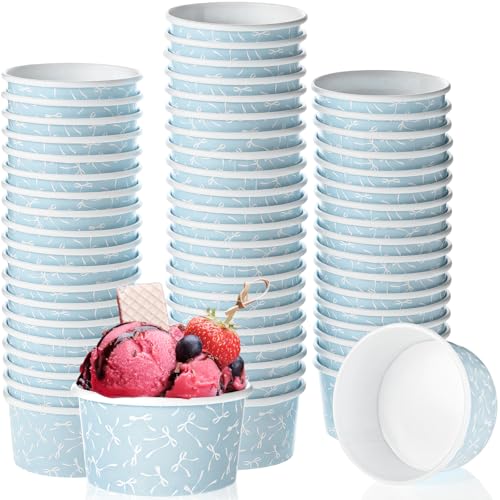 Image of Maxdot 60 Pcs 3 oz Paper Ice Cream Cup Disposable Dessert Western Cup Paper Yogurt Snack Bowl Bulk for Hot and Cold Food Ice Cream or Mousse for Birthday Valentine Party Supplies(Blue,Bow Knot)