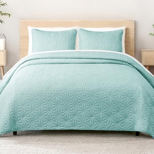 Whale Flotilla Colcha Bouti para Cama 220 x 240 cm, con 2 Fundas de Almohada, Colcha para Suave y Ligera con Diseño Geométrico para 4 Estaciones, Verde Claro