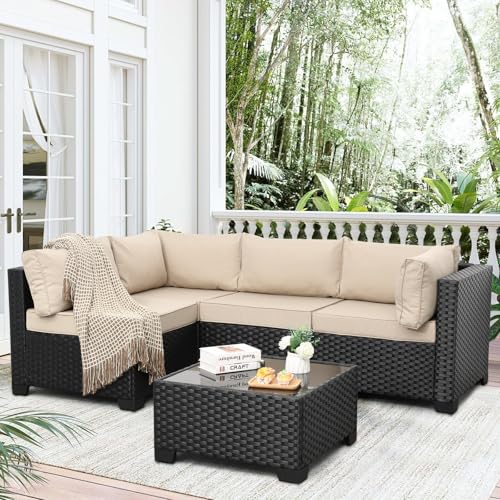Juego de muebles de mimbre de polietileno de 5 piezas para patio al aire libre, sofá de conversación seccional de ratán negro con mesa auxiliar, cojín caqui