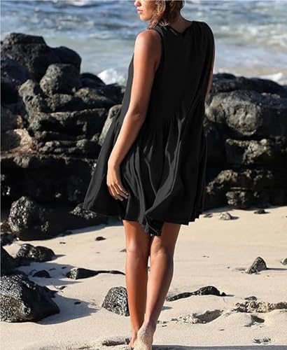 OPCAKM Women's V Neck Sleeveless Mini Dress Loose Summer Pleated Swing Flowy Sundress3