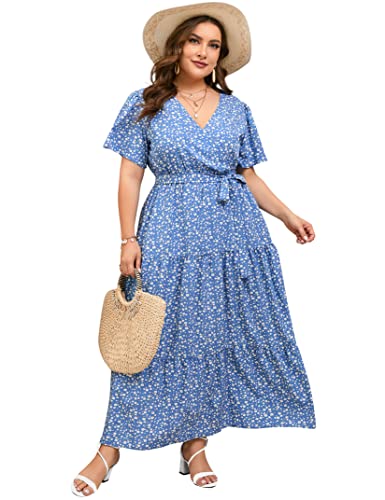 Image of ShopWonder Womens Plus Size V Neck Wrap Maxi Dress High Waist Ruffle Summer Casual Dress with Belt