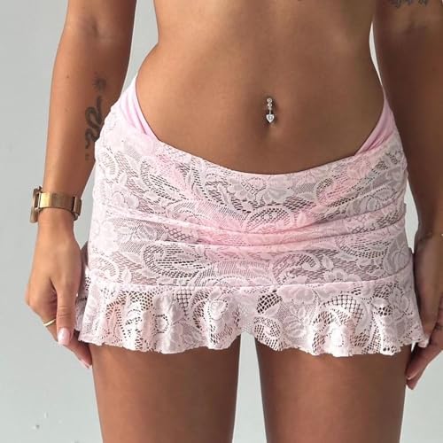 Women's Lace Mini Skirts Casual Low Waist Solid Color See Through Ruffle Skirts Bikini Coverup Skirts2