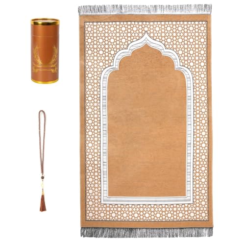 Tapete de oración musulmán con cuentas y funda, chenille marrón