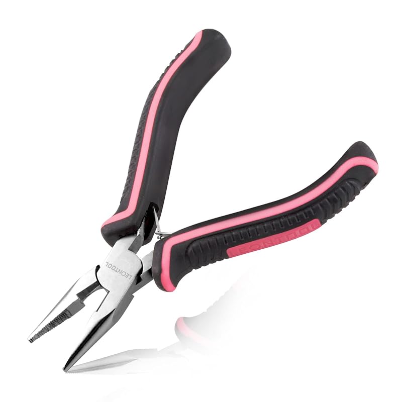 Alicate de Bico Longo com Mandíbulas Serrilhadas LEONTOOL S8922 Rosa e Preto 11,8 cm