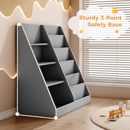 Image of Tatub 6 Tier Kids Wooden Bookshelf and Toy Storage, Children Toy Organizer with Book Shelves, Toddler BookRack Baby Bookcase for Nursery, Playroom and Classroom, Gray
