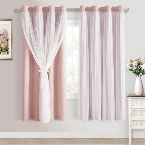 Image of DWCN Pink Blackout Curtains with Sheer Overlay with Tiebacks 63 Inch Long | Mix & Match Double Layer Window Panels for Living Room, Girls Bedroom, Nursery, Grommet Top, 52 inch Wx63 inch L, Rose Blush, 2PCS