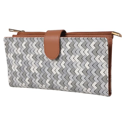 Women's Wallet - Handcrafted Vegan Leather Clutch with Magnetic Closure, Two-Fold Design, 10 Card Slots, ID Slot, Notes & Coin Compartment - Grey-White2