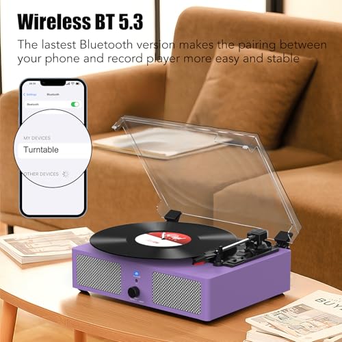 Image of Vinyl Record Player with Built-in Speakers and USB,Belt-Driven Bluetooth Turntable with 3 Speed AUX Input Headphone Jack and RCA Output Vintage Wooden Purple