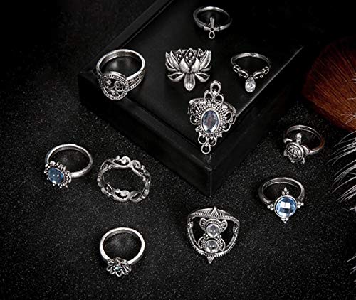 KIT ANÉIS FALANGE JOIAS PRATEADO FLOR TARTARUGA CRISTAL COM 11 ANEIS I4396