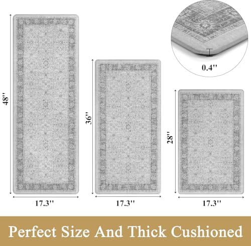 Pauwer Anti Fatigue Kitchen Mat Set of 3 Non Slip Kitchen Mats for Floor Cushioned Kitchen Rugs Comfort Standing Mat Farmhouse Waterproof PVC Foam Kitchen Floor Mat Runner, Light Grey