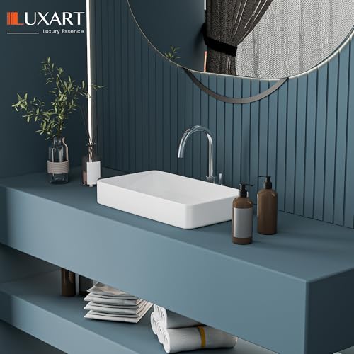 Image of LUXART Tabletop Wash Basin For Bathroom - 24x14x5 Inc Ceramic Glossy White Countertop Washbasin | Vessel Sink For Hotel, Dining Hall, Vanity | Over counter Top Washroom Sink