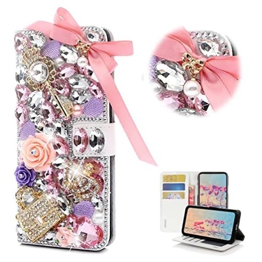 STENES Capa para celular tipo carteira brilhante compatível com Samsung Galaxy Z Fold 7 5G - Elegante - Laço de cristal feito à mão 3D Bolsa rosa coroa carteira magnética suporte meninas mulheres capa