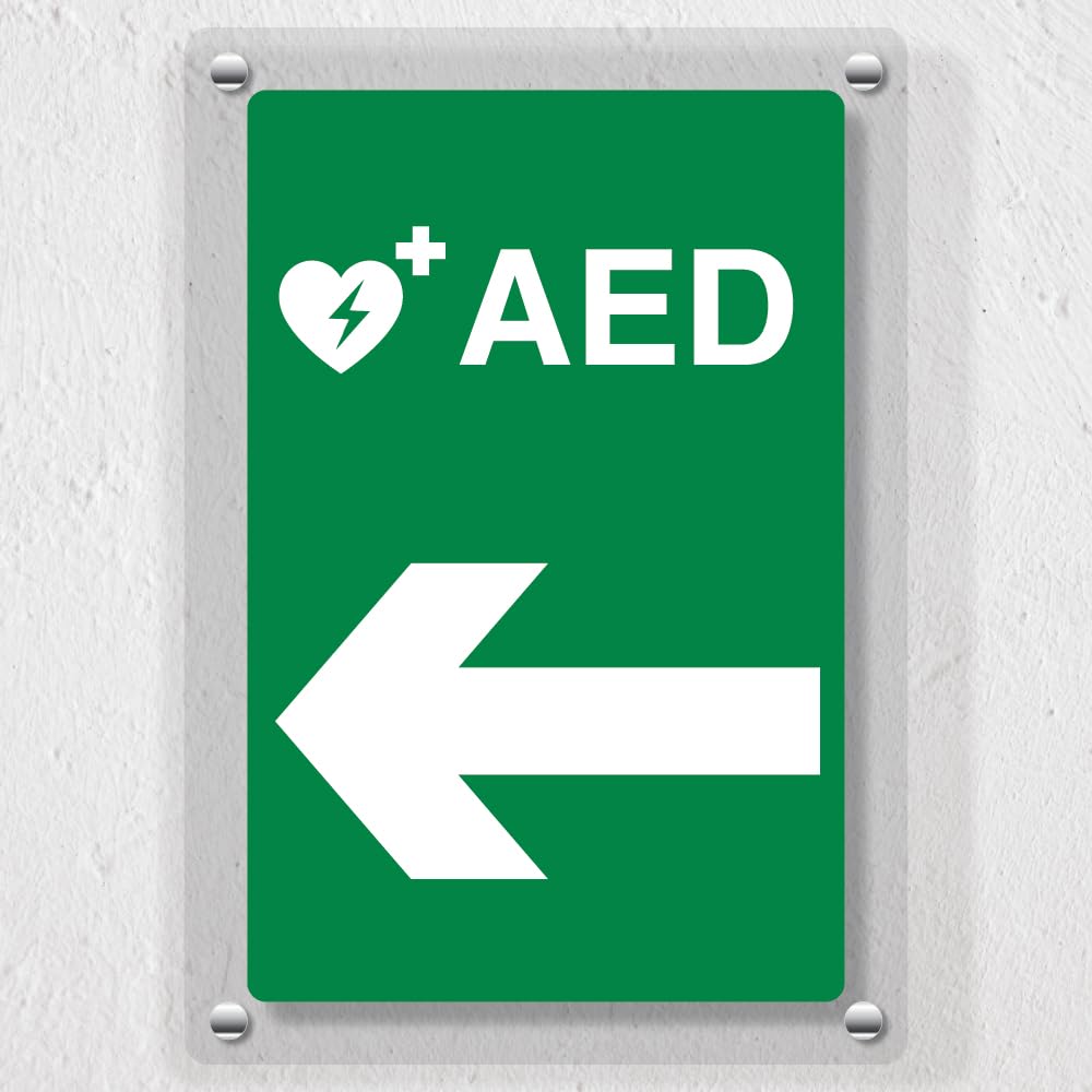 V Safety AED Arrow Left - 200 x 300 mm - Acrylic Perspex Cast Clear Safety Sign