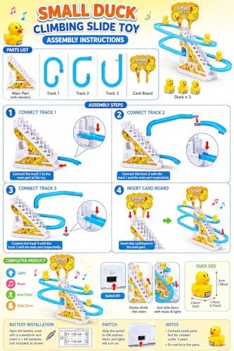 Image of Duck Track Toy Set with Climbing Stairs and Slide, Music and LED Lights, Blue and Yellow, for Kids Boys and Girls 3+ Years