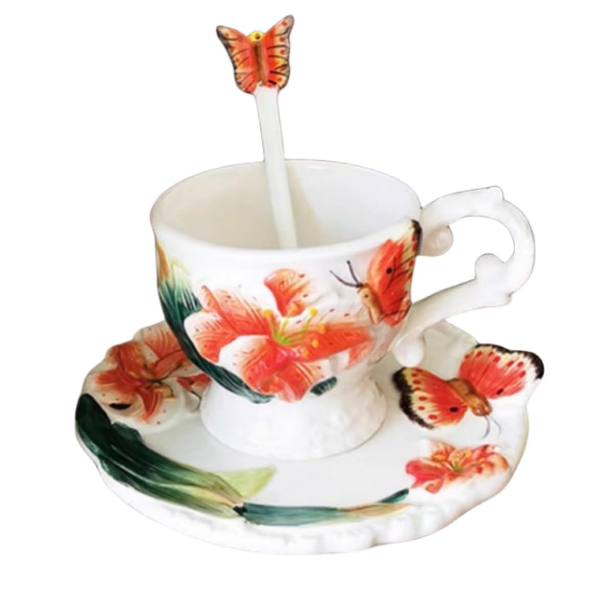 Ceramic Tea Cup and Saucer Set ,6OZ 3D Hand-Painted Lily Flower and Butterfly Coffee Mug,Gift for Women