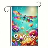 HOMETITUTE Welcome Garden Flag Spring Summer Garden Flag 12x18 Inch Double Sided Dragonfly Flags Colorful Flower Yard Lawn Porch Patio Outdoor Decorative Banner