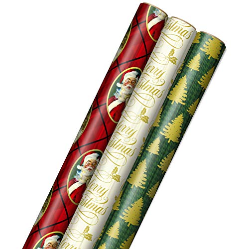 Hallmark Foil Christmas Wrapping Paper with Cut Lines on Reverse (3 Rolls: 60 sq. ft. ttl) Classic Santa Claus, Gold Merry Christmas, Green Plaid with Gold Trees
