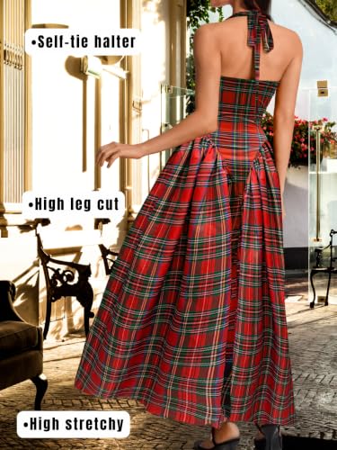 Image of ChiaoLezhee Deep V Neck Dress, Halter Maxi Dresses, Vacation Date Night, Sexy for Women Corset Flowy Wedding Guest Drop Waist