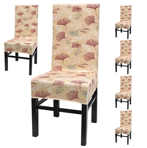 Yellow Weaves Elastic Stretchable Dining Chair Cover, Removable Washable Elastic Floral Printed Dining Chair Covers (Set of 6, Leaf Beige)