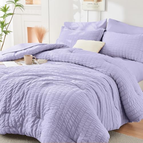Image of HYMOKEGE Light Purple Full Size Comforter Sets Seersucker 7 Pieces, All Season Luxury Bed in a Bag for Bedroom, Bedding Set with Comforter, Sheets, Pillowcases & Shams