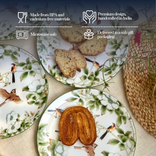 Image of GOLDEN QUEEN'S Snack Plates Set of 4 | Perfect for Snacks, Desserts, Appetizers, Salads, Tapas, Cheese | 7 inches Wide | Microwave Safe (Birds & Green Floral)
