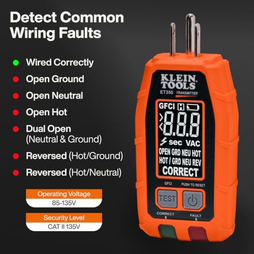 Image of Klein Tools ET350 4-in-1 Digital Circuit Breaker Finder, Outlet Fault Detector, Non-Contact Voltage Tester, GFCI Tester, Learn and Locate Mode, Backlit LCD, LED Work Light