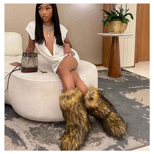 IXU Women's Faux Fur Boot Furry Fluffy Round Toe Suede Winter Comfy Plush Warm Short Outdoor Indoor Flat Shoes Knee-High Boots2