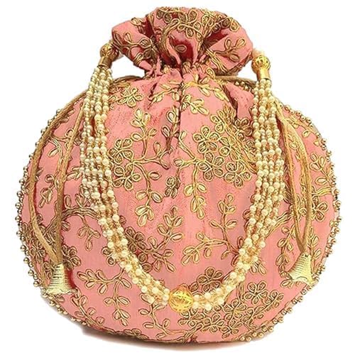 Designer Embroidered Potli Bag for Women & Girls – Wedding, Festive & Party | Handbag with Pearl Handle | Ethnic Traditional Drawstring Pouch for Gifting & Bridal Use.