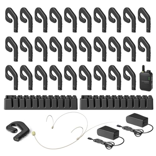 Avantree AudiTour y Kit de Expansión – Sistema de Guía de Tour Inalámbrico para Visitas a Museos y Tours, 1 Transmisor con Micrófono de Auricular con Cable, 30 Auriculares de Oreja Abierta