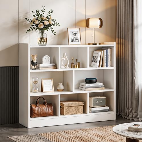 Image of ABOUT SPACE Book Shelf - 8 Cubes Engineered Wood DIY Book Rack with Bushes Multipurpose Book Stand for Home Library Open Storage Organizer for Bedroom, Living Room (White - L 115 x B 31.5 x H 96.5 cm)