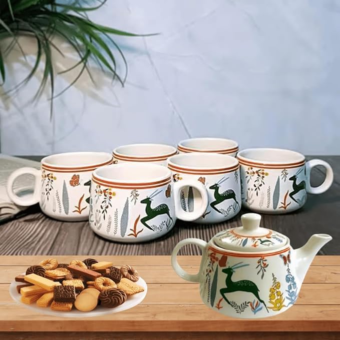 Image of Dmrd Mart-Handcrafted Ceramic Stag 7Pc Tea Cup Set with Kettle Safe 6 Cups 1 Kettle | Tea Pot Set 1000Ml Ceramic Porcelain Cup Set of 6 Perfect for Serving Coffee Green Tea. (Dear Print Green)