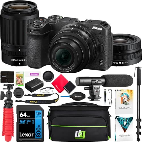 Nikon Z 30 Mirrorless Camera 4K DX Body with 2 Lens Kit NIKKOR Z DX 16-50mm & 50-250mm 1743 Bundle Including Deco Gear Photography Bag + Microphone + Monopod + 64GB Card + Software and Accessories