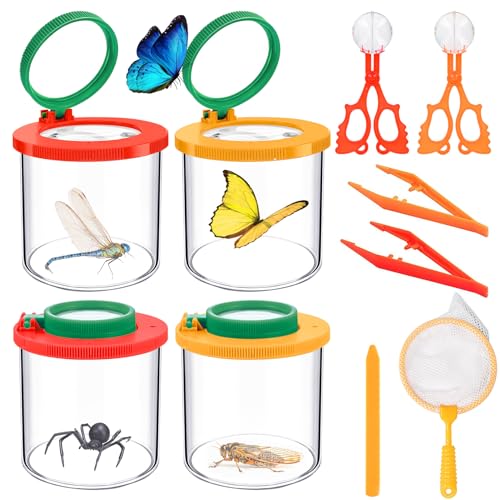 Spetsbst 10 unidades de lupa para niños, juego de 4 unidades con visor de insectos con pinzas, punzón y trampa para insectos, caja de observación para explorar la ciencia al aire libre