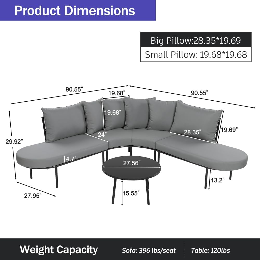 Patio Half- Moon Curved Outdoor Furniture Sofa Set with Coffee Table, All Weather Iron Frame Outdoor Indoor Conversation Set for 6 People, Padded Seats and Backrest Cushions for Garden, Gray (Grey)