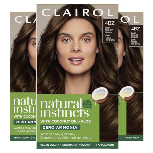 Image of Clairol Natural Instincts Demi-Permanent Hair Dye, 4BZ Dark Bronze Brown | Ammonia‑Free, Vegan Hair Color with Coconut Oil & Aloe Vera | Pack of 3