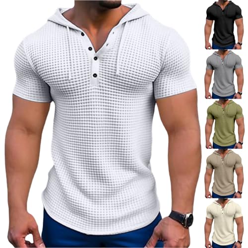 Men's Waffle Knit Hoodies Short Sleeve Drawstring Sweatshirts Solid Color Quarter Button Shirts Muscle Fit T Shirts4