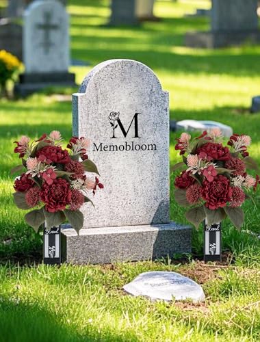 Red Christmas Flowers for Cemetery: 2 Pcs Peony Grave Flower Bouquets for Cemetery Decorations - Outdoor Gravesite Flowers with Vase image 7