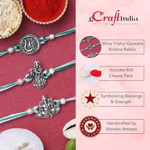 Image of eCraftIndia Set of 3 Lord Shiva Trishul, Ganesha, Krishna Religious Designer Rakhis, Best Bro Ever Fridge Magnet with Roli Chawal Pack - Rakhis for Brother, Bhabhi, Kids