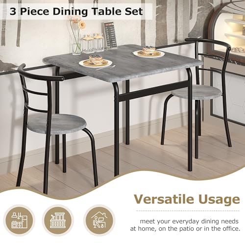 Image of VECELO 3-Piece Dining Table Set for Kitchen Breakfast Nook, Wood Grain Square Tabletop and Metal Frame, for Small Spaces, Grey