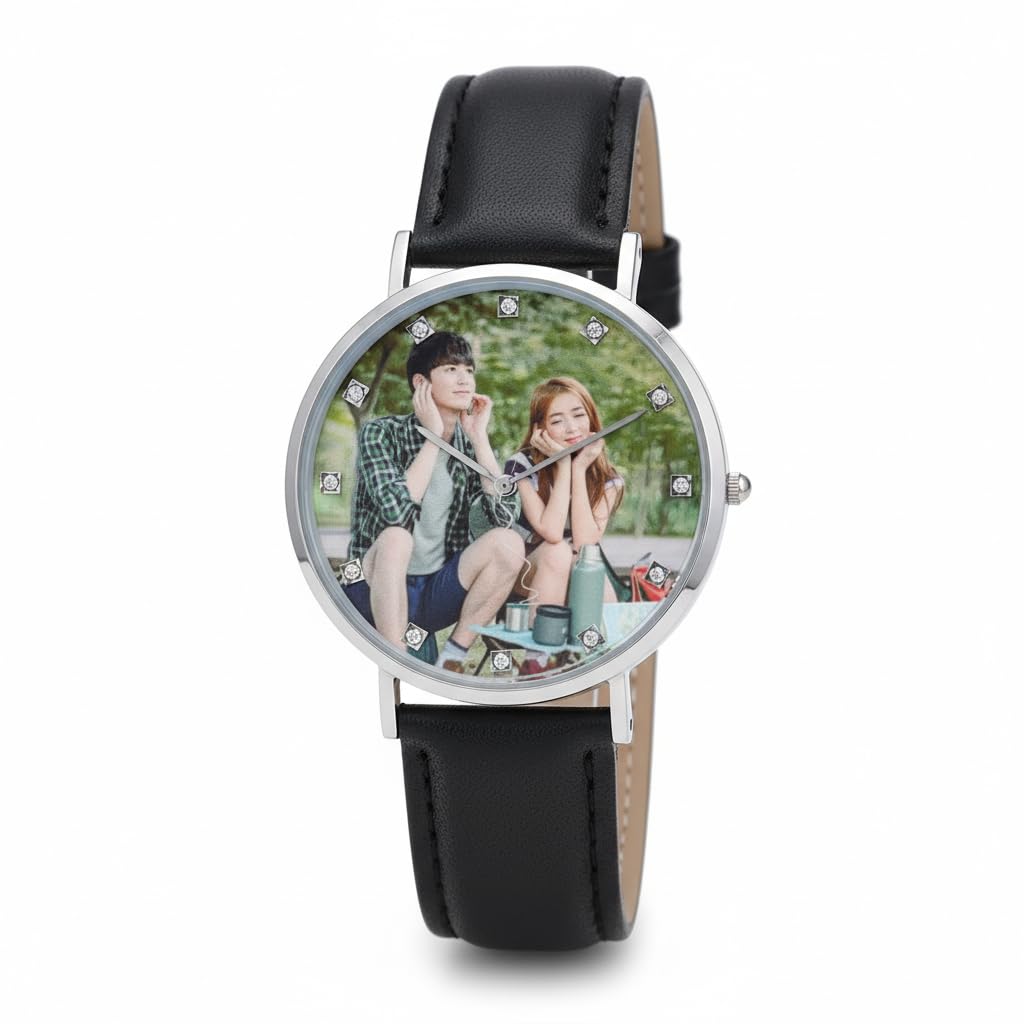 Coppia di orologi da polso personalizzati, con incisione personalizzata per uomini e donne, orologi da polso al quarzo con cinturino in pelle nera, con marcature a diamante, resistente