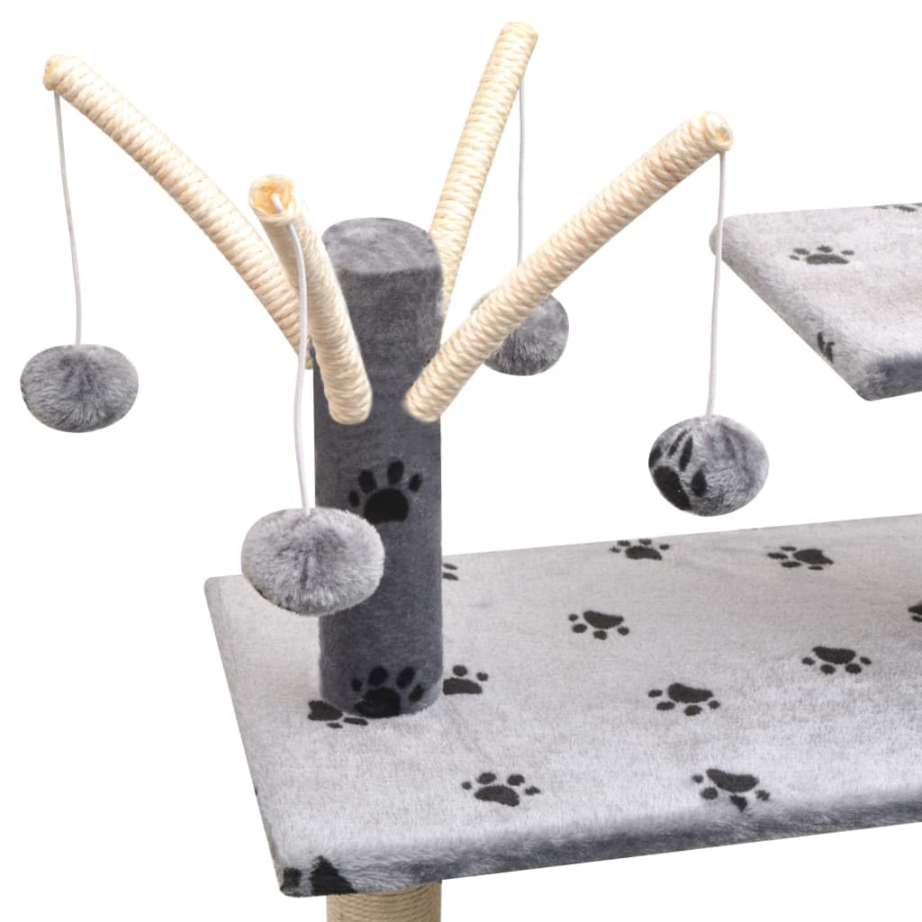 Katzen-Kratzbaum 125 cm Grau mit Pfoten-Aufdruck, Sisal Kratzsäulen, Plüsch Liegemulde, Haus und Spielzeug, Stabiler Holzrahmen, großer Kletterbaum für Wohnung und Katzenpflege