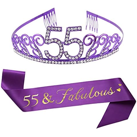 55th Brithday Purple Tiara and Sash, Glitter Satin Sash and Crystal Rhinestone Birthday Crown for Happy 55th Birthday Party Supplies Favors Celebration 55th Surprise Party Gifts Cake Topper Cover
