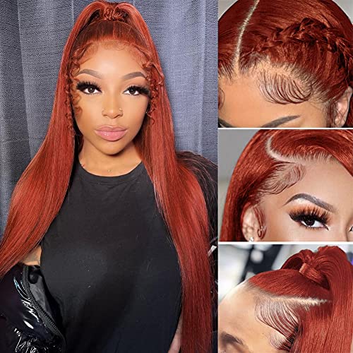 Reddish Brown Straight 13x4 Lace Front Wigs Dark Auburn Colored Human Hair Frontal Wigs Pre Plucked with Baby Hair Brazilian Copper Red Frontal Human Hair Wig 150% Density 18Inch
