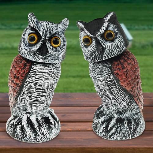 GLMFAN 2 Pack Fake Owl Decoys to Scare Birds Away Rotating Head Owl