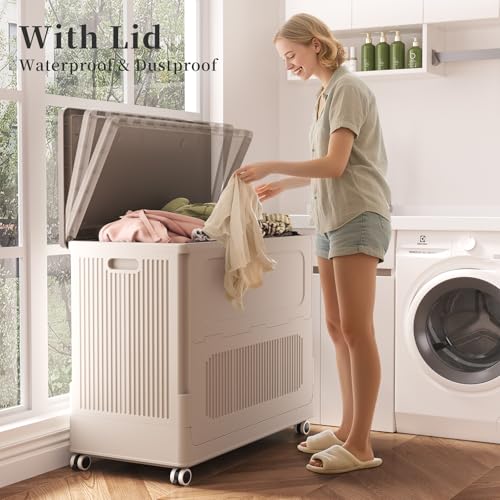 Image of Rolling Laundry Hamper with Lid, 180L Extra Large Capacity Clothes Hampers for Laundry, Plastic Collapsible Laundry Baskets with Wheels and Lid, Install-Free & Easy to Transport to Laundry