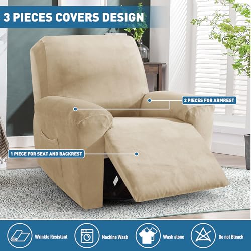 Image of ZNSAYOTX 2026 Velvet Oversized Recliner Cover 3-Piece, Luxury Plush Recliner Chair Covers with Elastic Band & Ties Stay in Place, Stretch Reclining Slipcover for Lazy Boy Soft Washable (Camel)