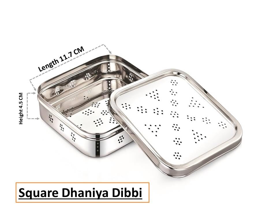 Image of Ajay's Shoppe Stainless Steel Dhaniya Storage Box with Lid (11.7 x 4.5 cm) | Ventilated Kothmir Dibbi, Herb Keeper & Fridge Organizer | Rust-Free