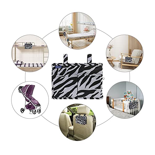 Image of Surblue Bedside Caddy Hanging Organizer Storage Bag for Bunk and Hospital Beds, College Dorm Rooms, Baby Rails, Camp Chairs, Wheelchair - 4 Pockets, 2 Hooks (Small, Zebra)