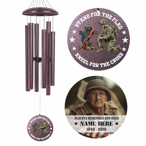 Image of Personalized Memorial Soldier Wind Chimes for Loss Dad Comrade-in-arms, 30 inch /36 inch /45 inch Deep Tone Wind Chime Sympathy Gifts in Loving Memory of US Veteran, Produced in Texas